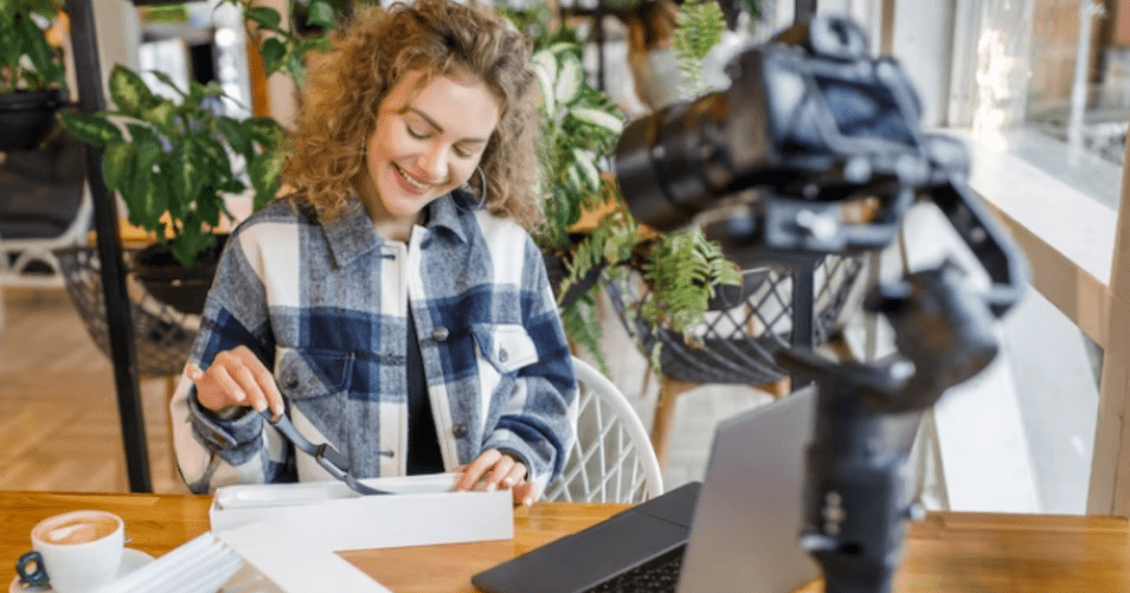 criadora de conteúdo, gravando seu roteiro de vídeo